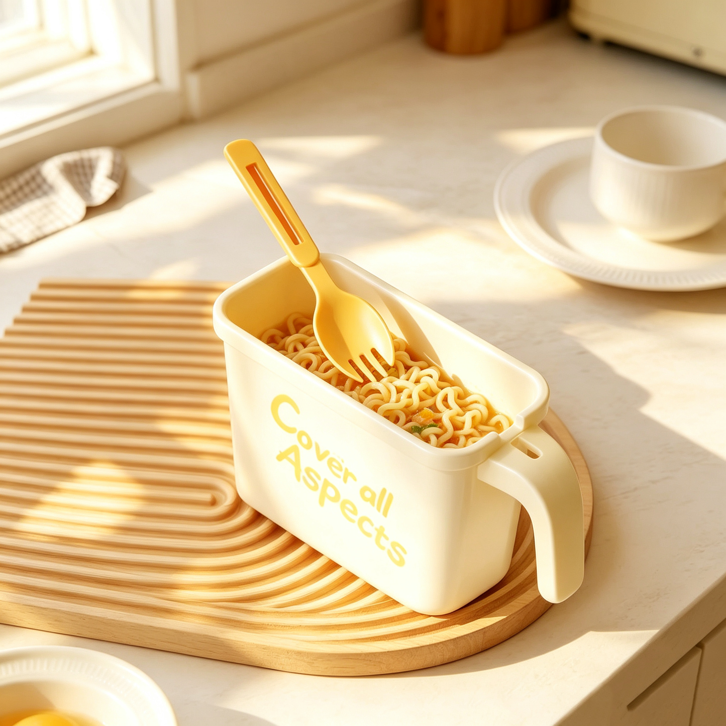 Large Capacity Instant Noodle Bowl with Handle, Dorm Student No-wash Ramen Cup, Portable Square Soup Bowl for Packaged Noodles