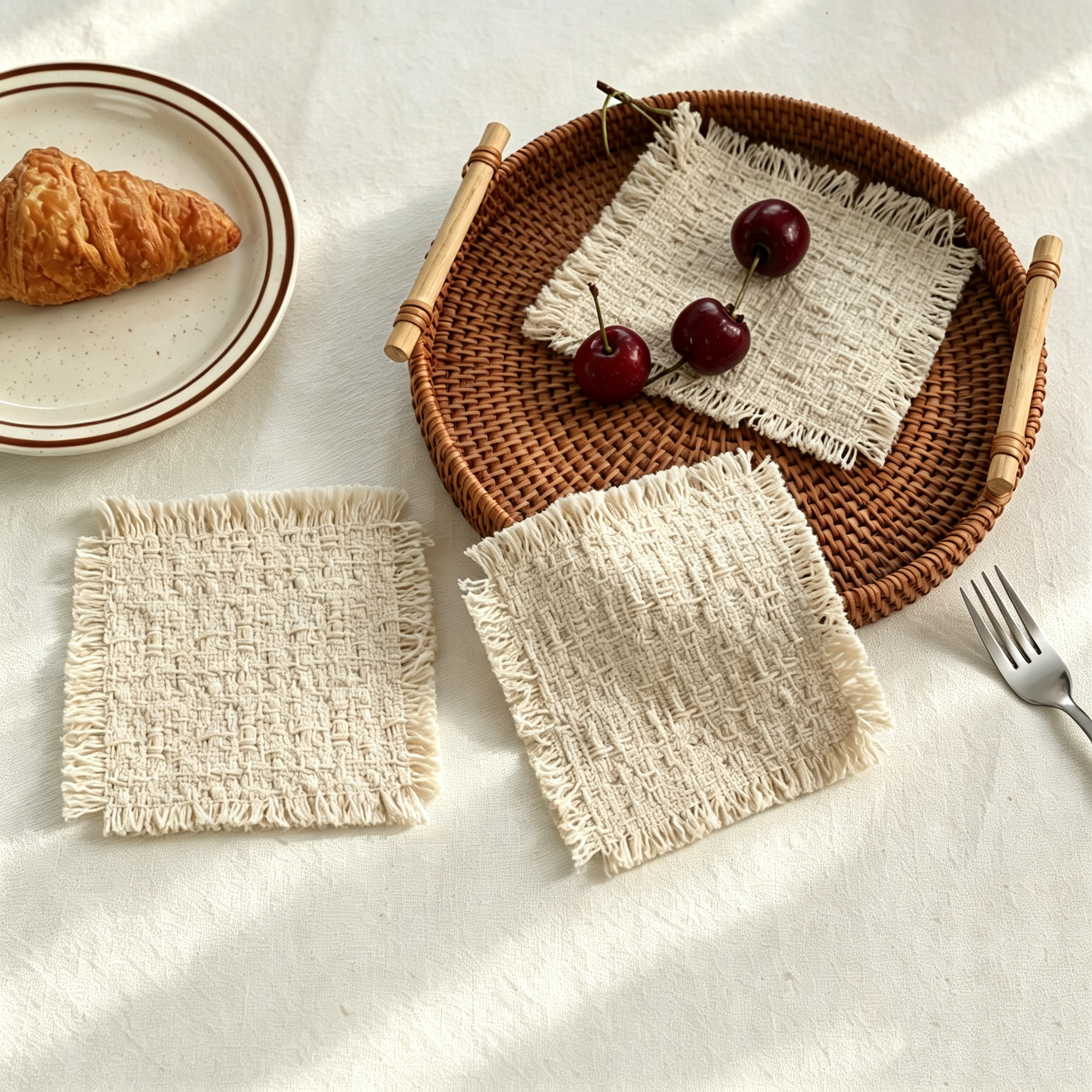 Beige Thick Cotton Fringe Woven Coaster, Square Linen Heat Resistant Table Pad, Absorbent Decor Mat for Coffee Tea Cup Candle