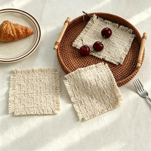 Beige Thick Cotton Fringe Woven Coaster, Square Linen Heat Resistant Table Pad, Absorbent Decor Mat for Coffee Tea Cup Candle