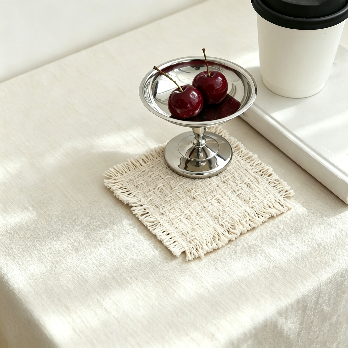 Beige Thick Cotton Fringe Woven Coaster, Square Linen Heat Resistant Table Pad, Absorbent Decor Mat for Coffee Tea Cup Candle