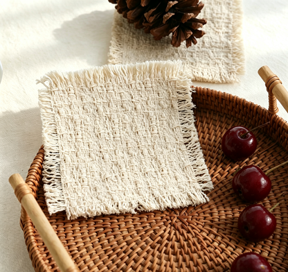 Beige Thick Cotton Fringe Woven Coaster, Square Linen Heat Resistant Table Pad, Absorbent Decor Mat for Coffee Tea Cup Candle