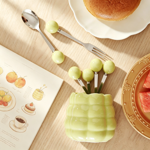 Cream Style Bubble Ceramic Fruit Fork Set, Luxury High Gloss Stainless Steel Fruit Picks, Decorative Storage Holder for Home Table