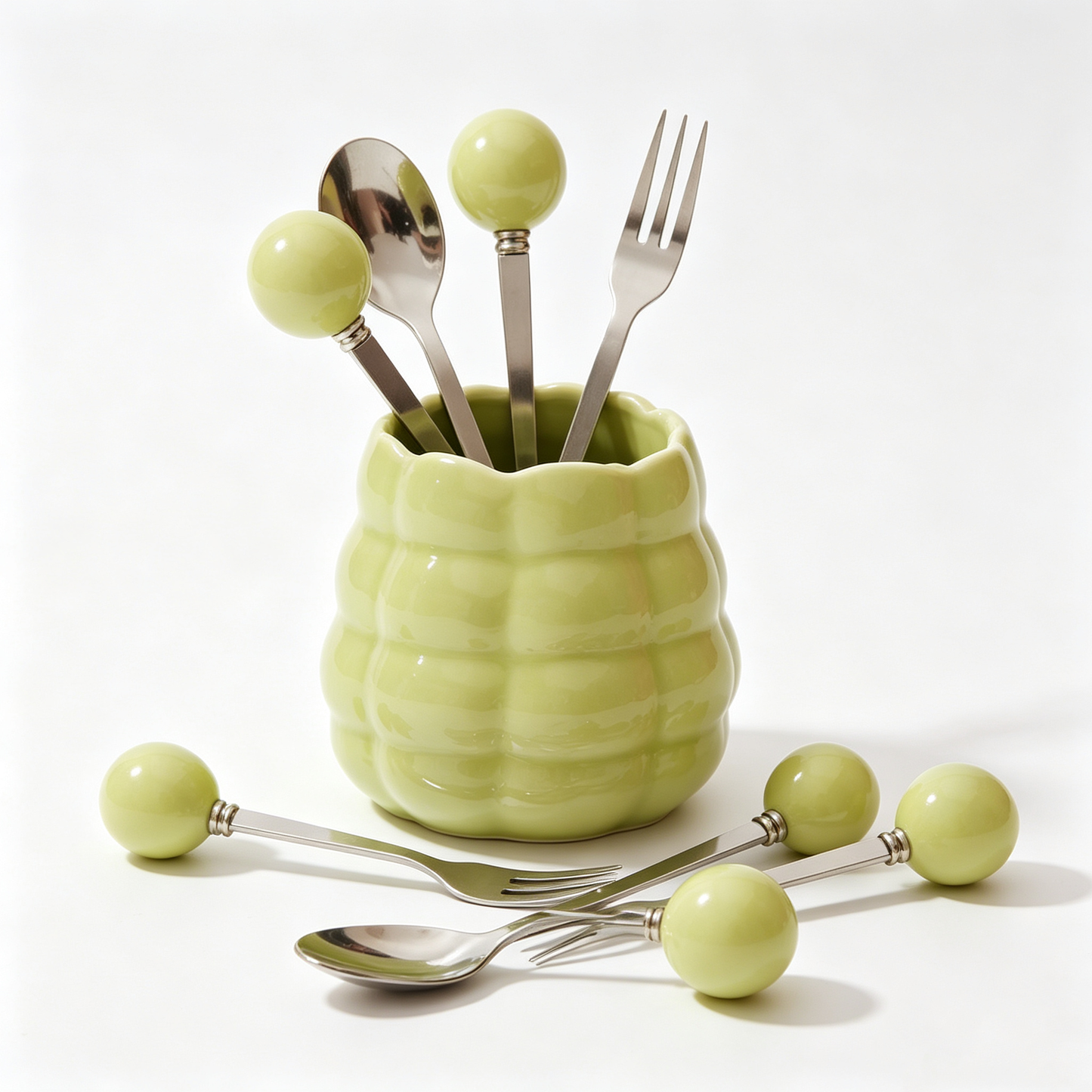 Cream Style Bubble Ceramic Fruit Fork Set, Luxury High Gloss Stainless Steel Fruit Picks, Decorative Storage Holder for Home Table