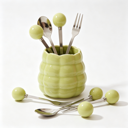 Cream Style Bubble Ceramic Fruit Fork Set, Luxury High Gloss Stainless Steel Fruit Picks, Decorative Storage Holder for Home Table