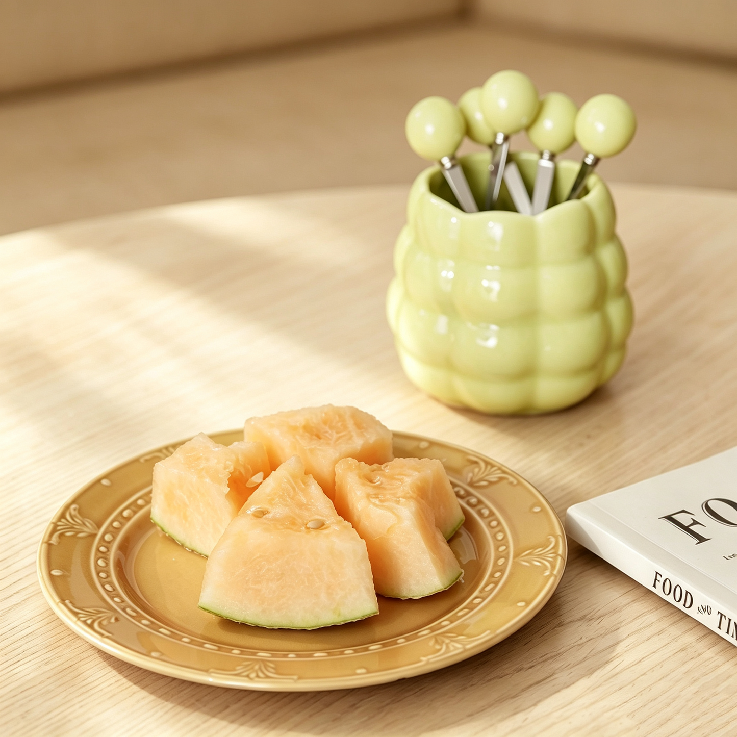 Cream Style Bubble Ceramic Fruit Fork Set, Luxury High Gloss Stainless Steel Fruit Picks, Decorative Storage Holder for Home Table