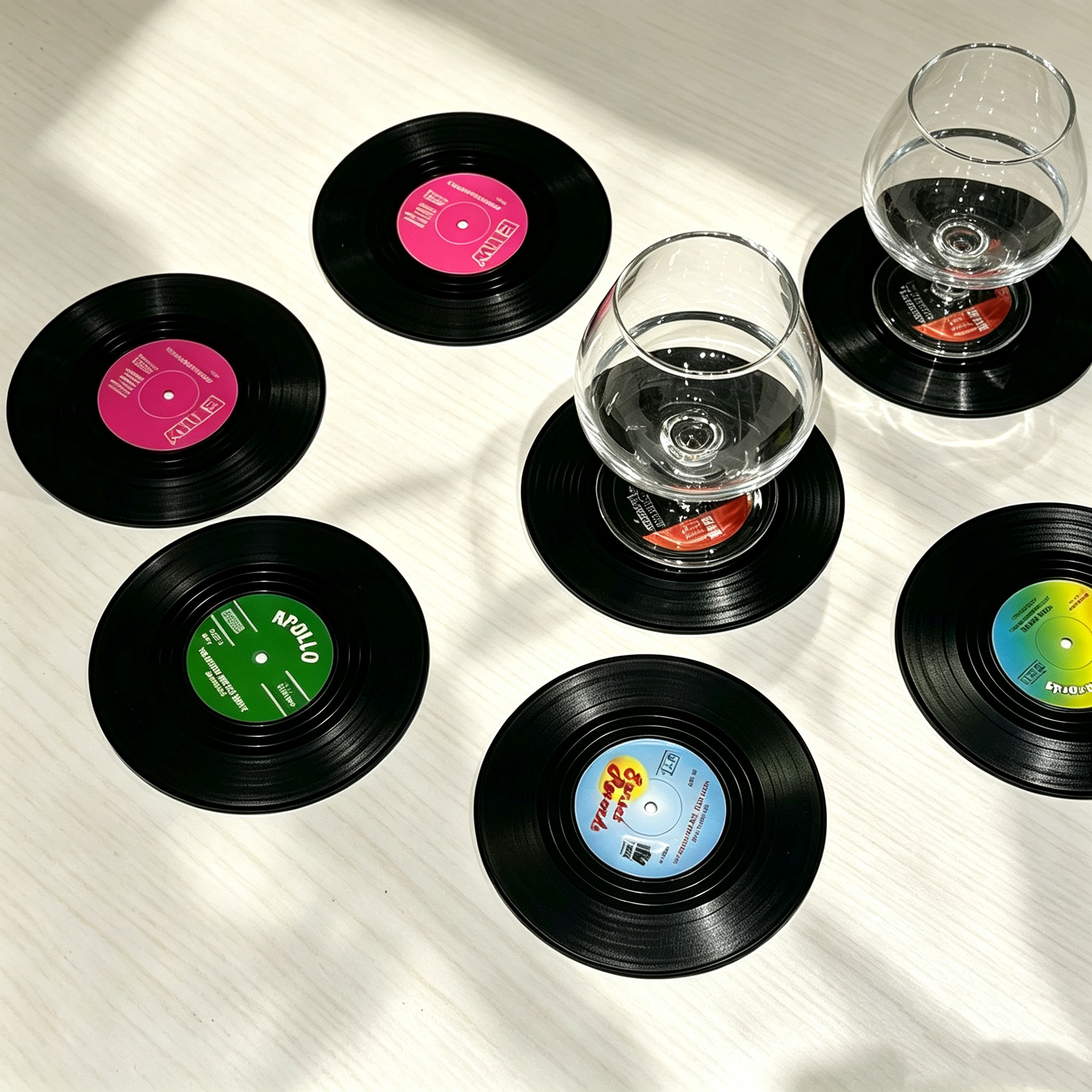 Retro Vinyl Record Silicone Coasters Set of 6, Round Non-Slip Heat Resistant Drink Mats, Vintage CD Style Cup Coasters for Coffee Mugs, Glasses, Table Protection