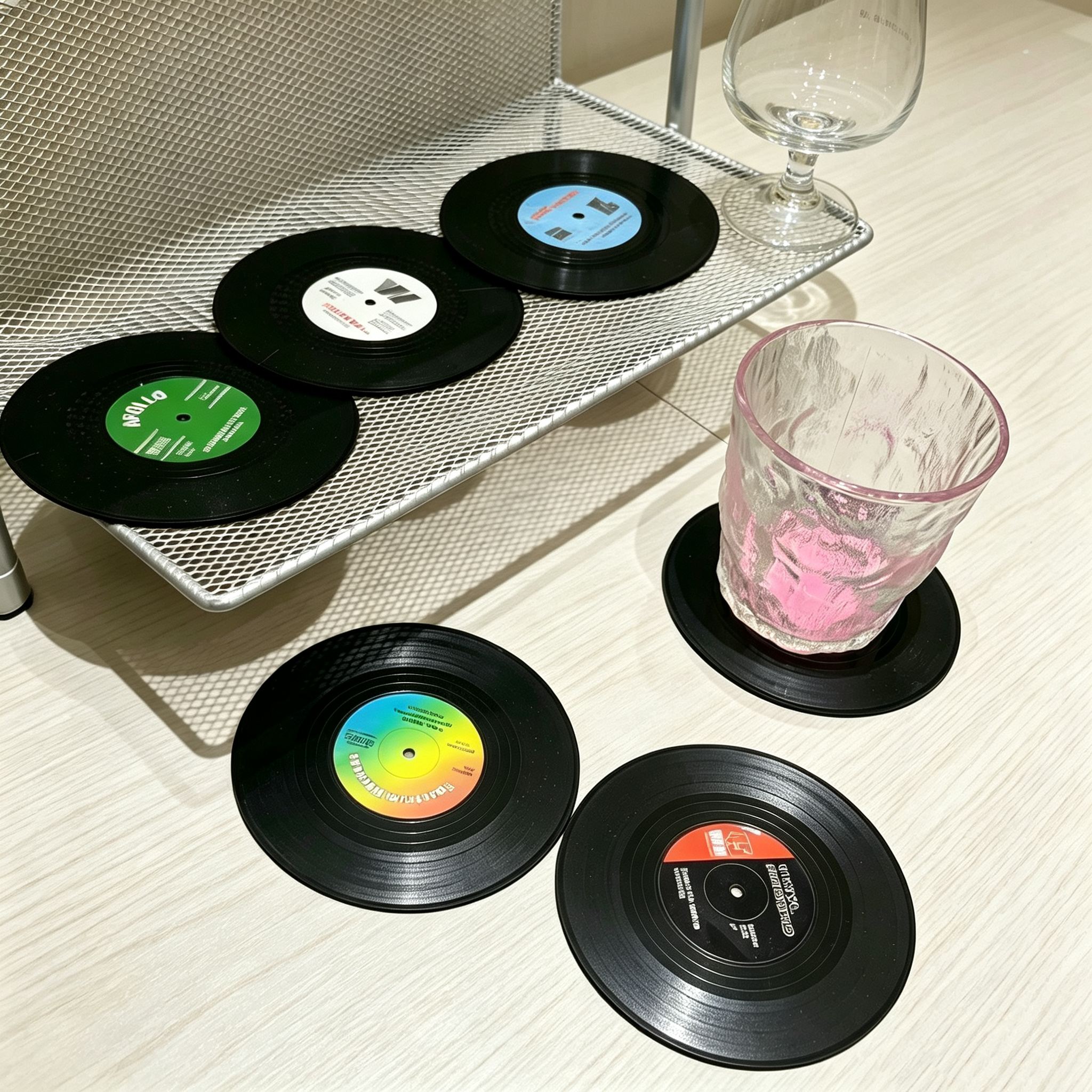 Retro Vinyl Record Silicone Coasters Set of 6, Round Non-Slip Heat Resistant Drink Mats, Vintage CD Style Cup Coasters for Coffee Mugs, Glasses, Table Protection