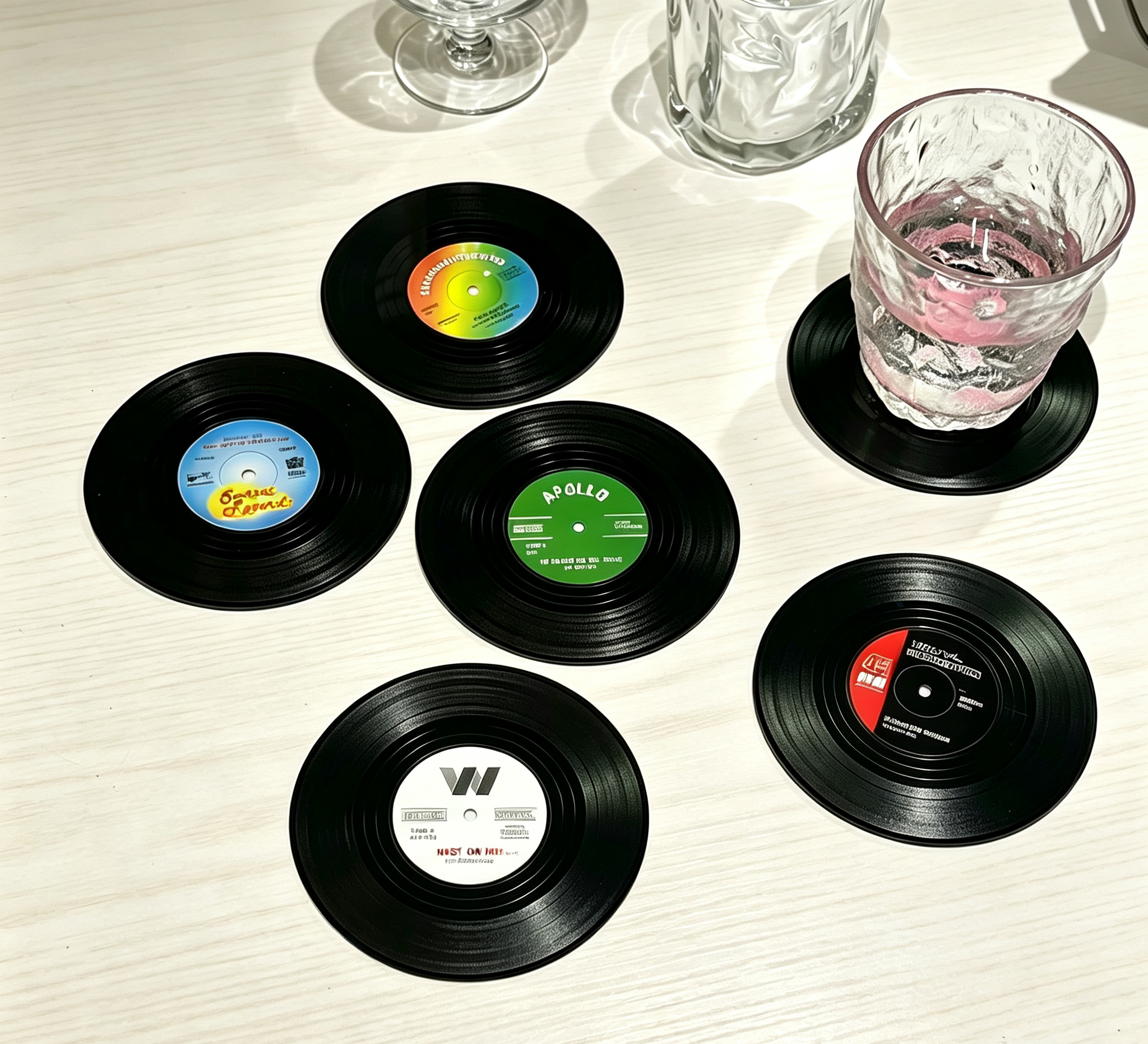 Retro Vinyl Record Silicone Coasters Set of 6, Round Non-Slip Heat Resistant Drink Mats, Vintage CD Style Cup Coasters for Coffee Mugs, Glasses, Table Protection